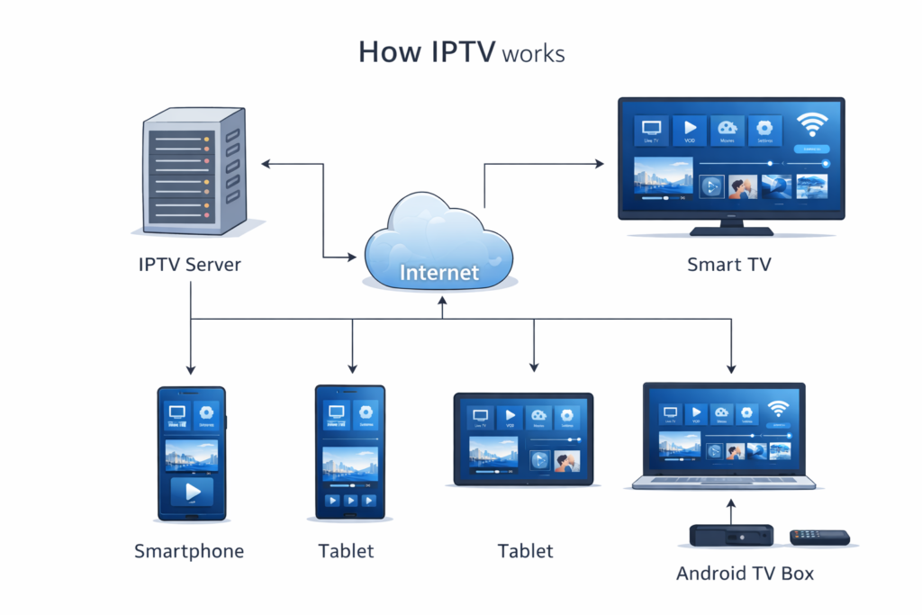 Diagram showing how IPTV works through internet servers and devices