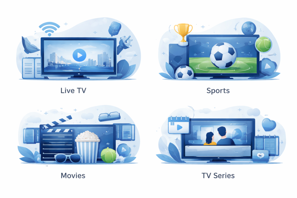 Illustration of IPTV content including live TV sports movies and series